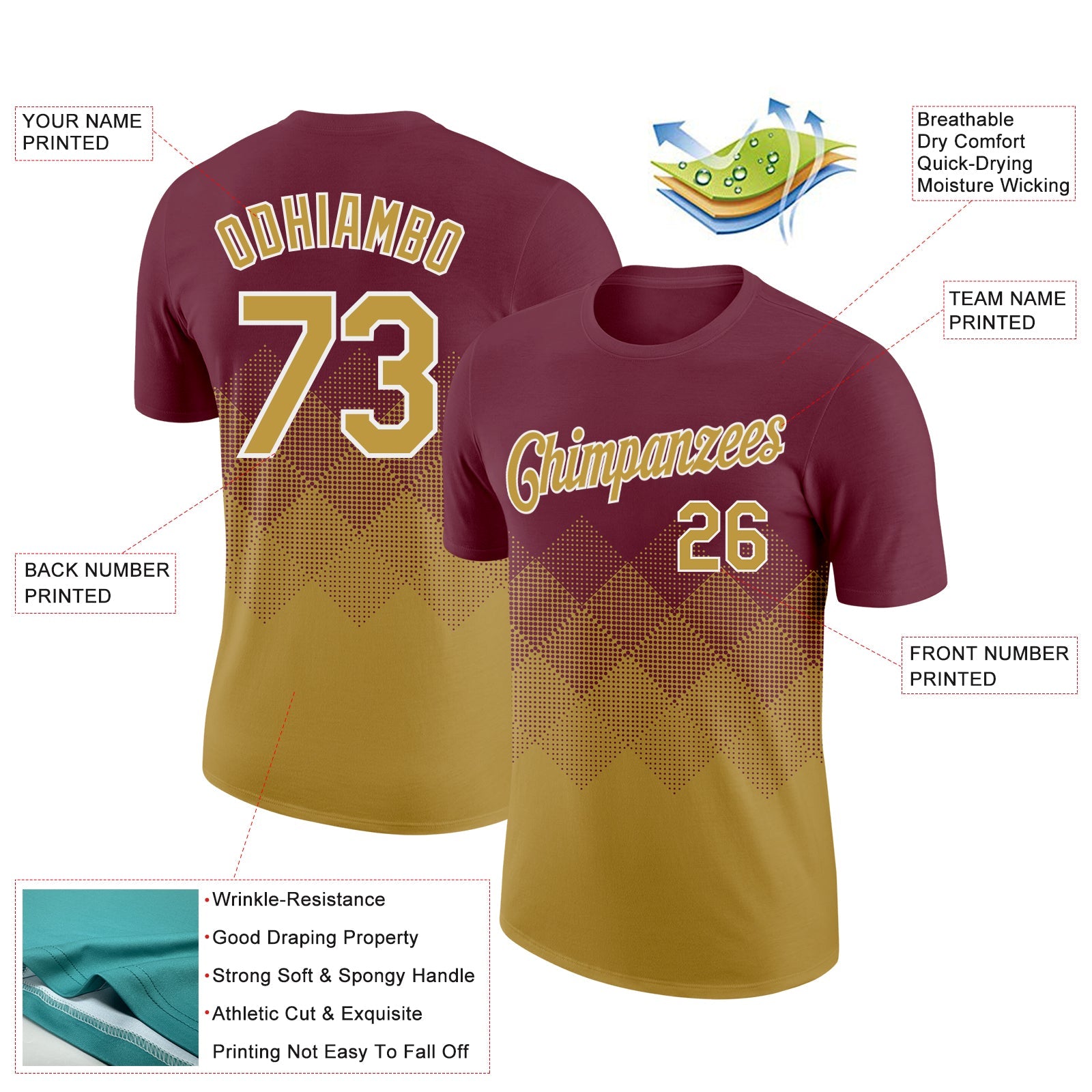 Custom Burgundy Old Gold-White 3D Pattern Design Gradient Square Shapes Performance T-Shirt view 2