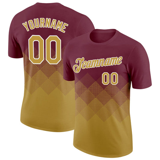 Custom Burgundy Old Gold-White 3D Pattern Design Gradient Square Shapes Performance T-Shirt - Main View