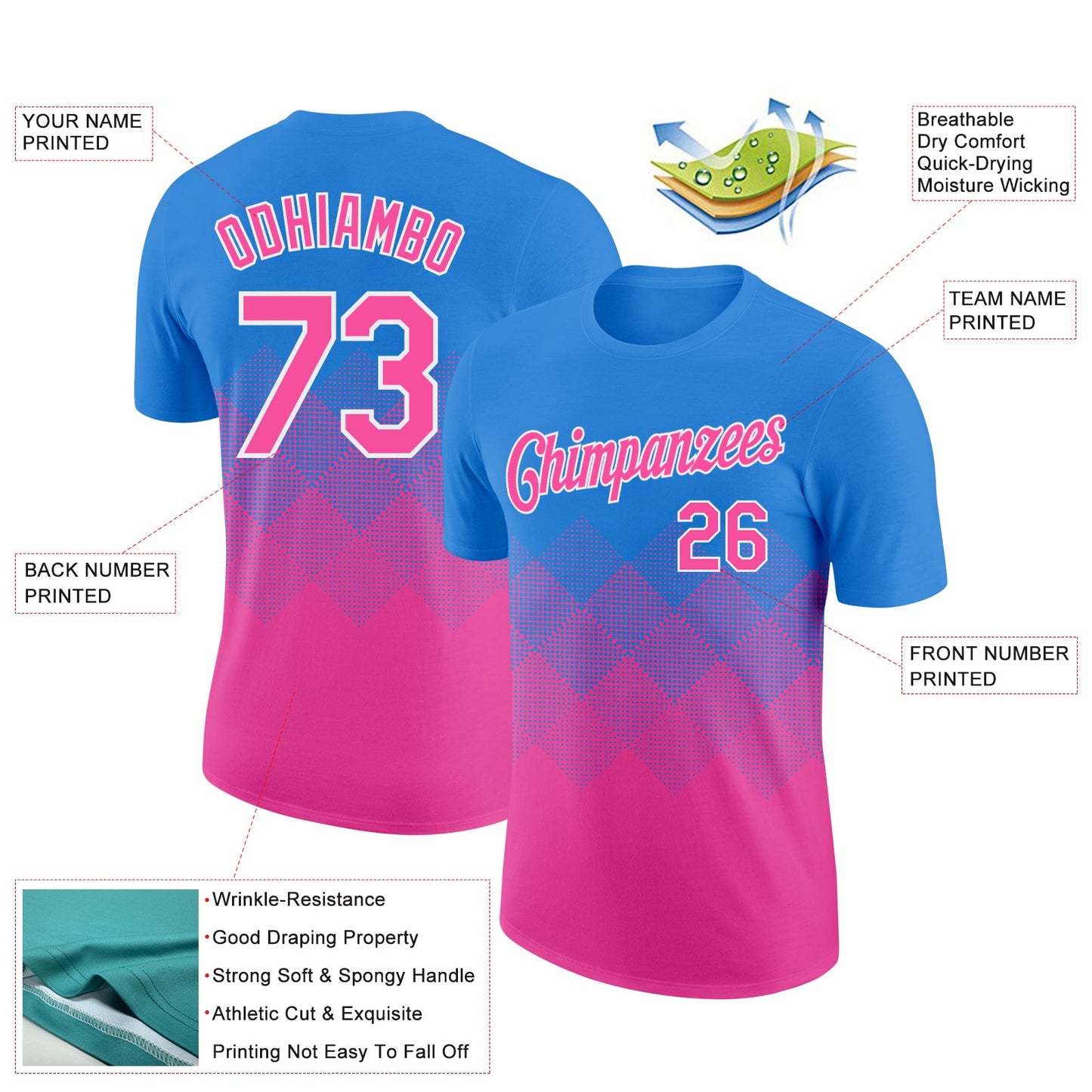 Custom Powder Blue Pink-White 3D Pattern Design Gradient Square Shapes Performance T-Shirt view 2
