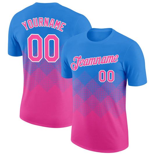 Custom Powder Blue Pink-White 3D Pattern Design Gradient Square Shapes Performance T-Shirt - Main View