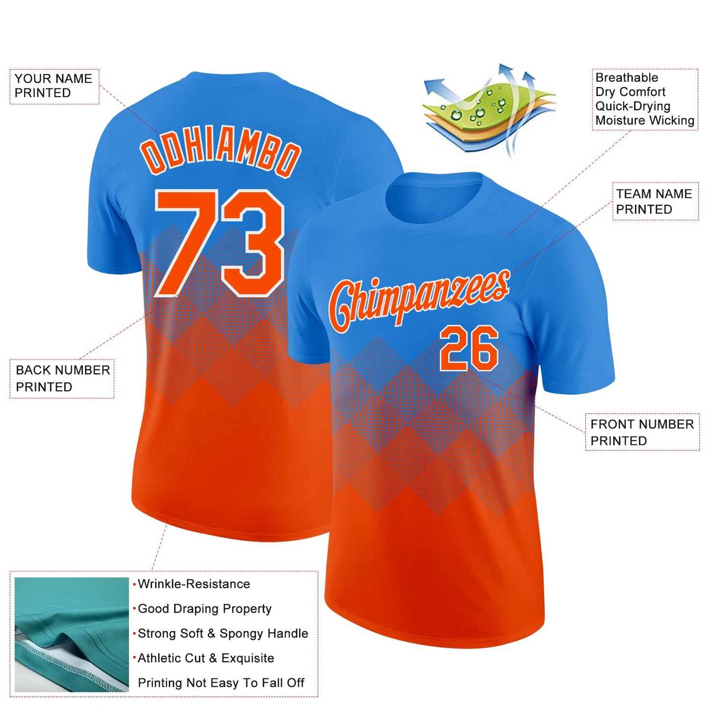 Custom Powder Blue Orange-White 3D Pattern Design Gradient Square Shapes Performance T-Shirt view 2