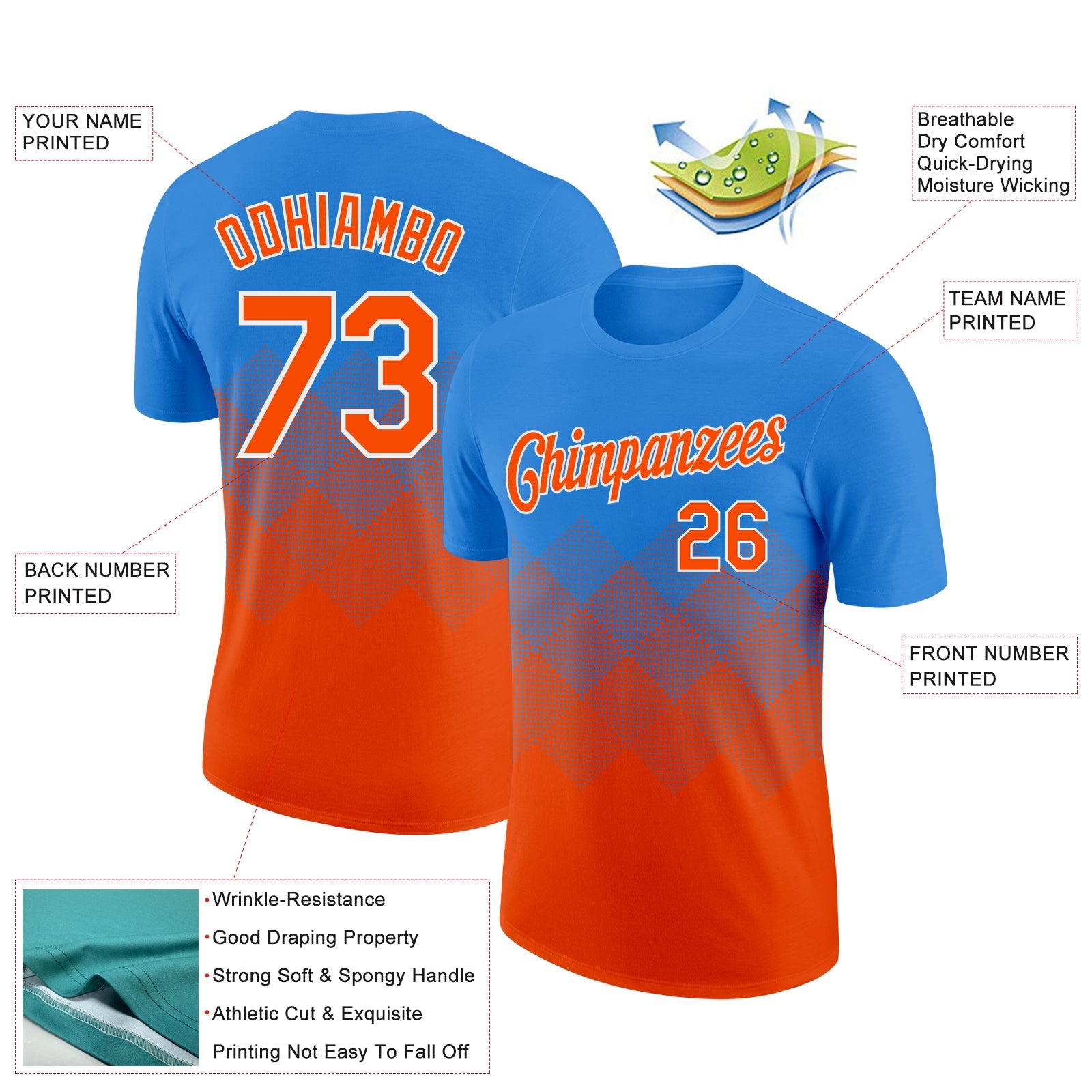Custom Powder Blue Orange-White 3D Pattern Design Gradient Square Shapes Performance T-Shirt view 2