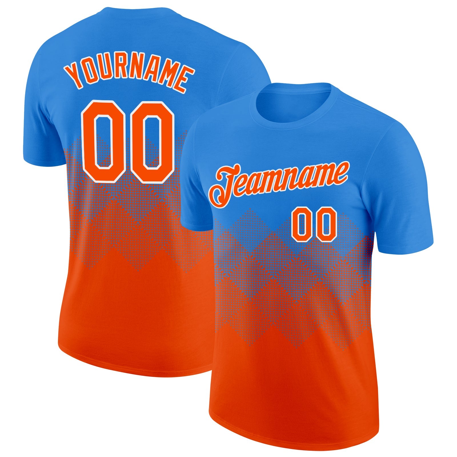 Custom Powder Blue Orange-White 3D Pattern Design Gradient Square Shapes Performance T-Shirt - Main View