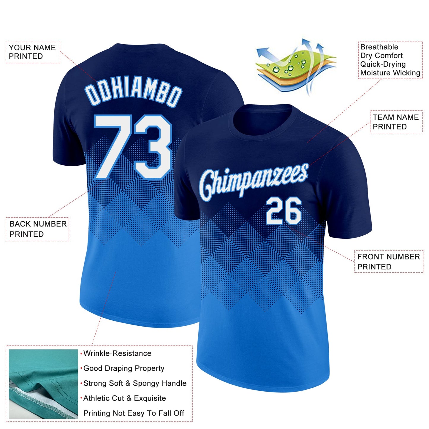 Custom Navy White-Powder Blue 3D Pattern Design Gradient Square Shapes Performance T-Shirt view 2