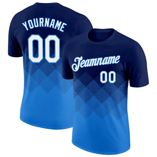 Custom Navy White-Powder Blue 3D Pattern Design Gradient Square Shapes Performance T-Shirt - Main View