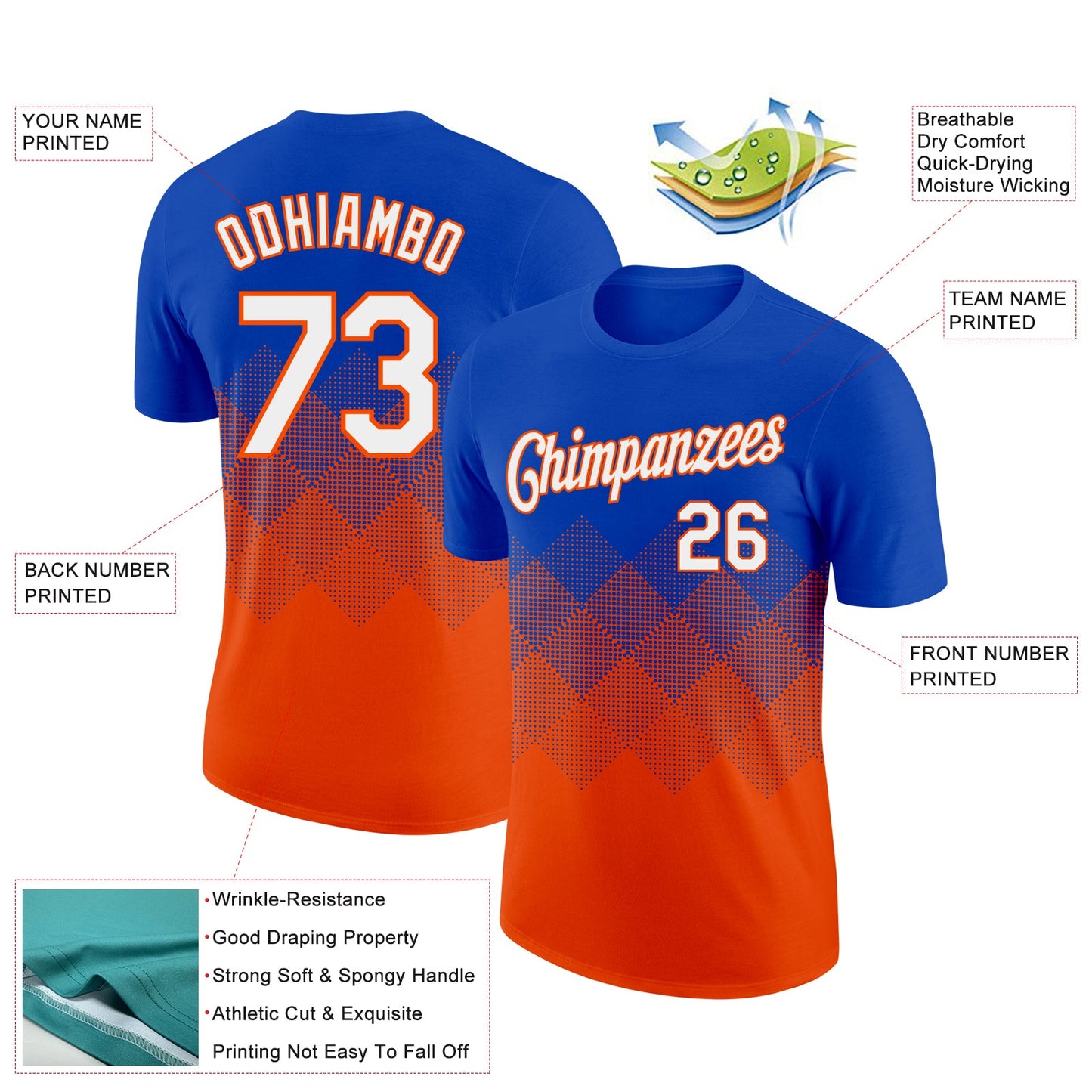 Custom Thunder Blue White-Orange 3D Pattern Design Gradient Square Shapes Performance T-Shirt view 2