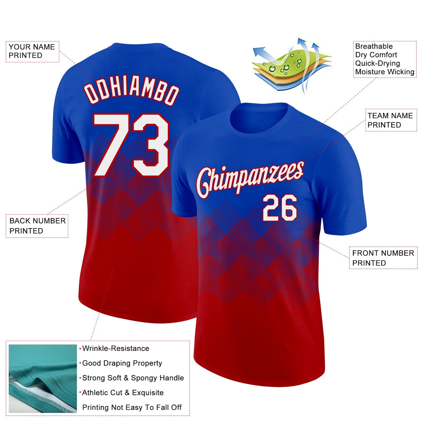 Custom Thunder Blue White-Red 3D Pattern Design Gradient Square Shapes Performance T-Shirt view 2