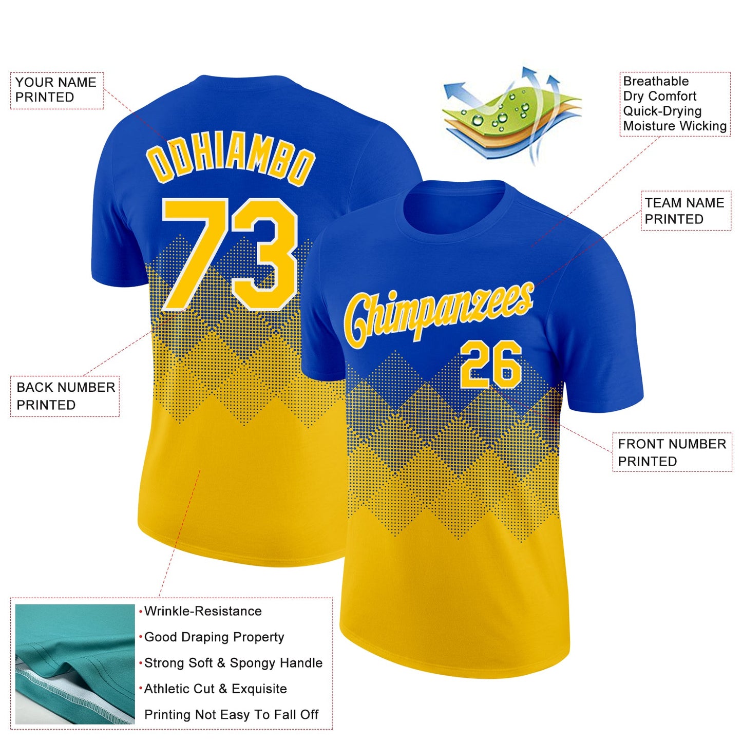 Custom Thunder Blue Yellow-White 3D Pattern Design Gradient Square Shapes Performance T-Shirt view 2