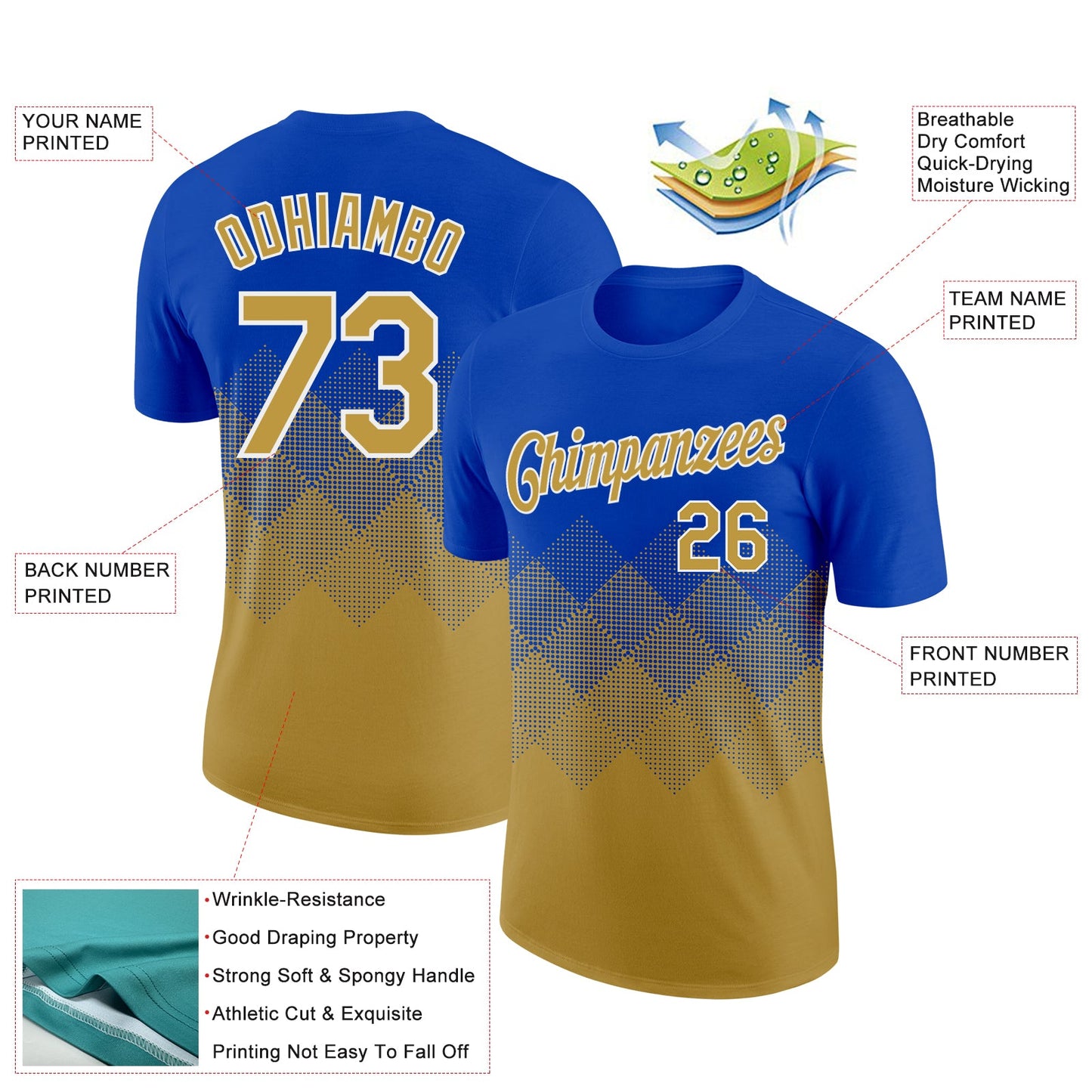 Custom Thunder Blue Old Gold-White 3D Pattern Design Gradient Square Shapes Performance T-Shirt view 2