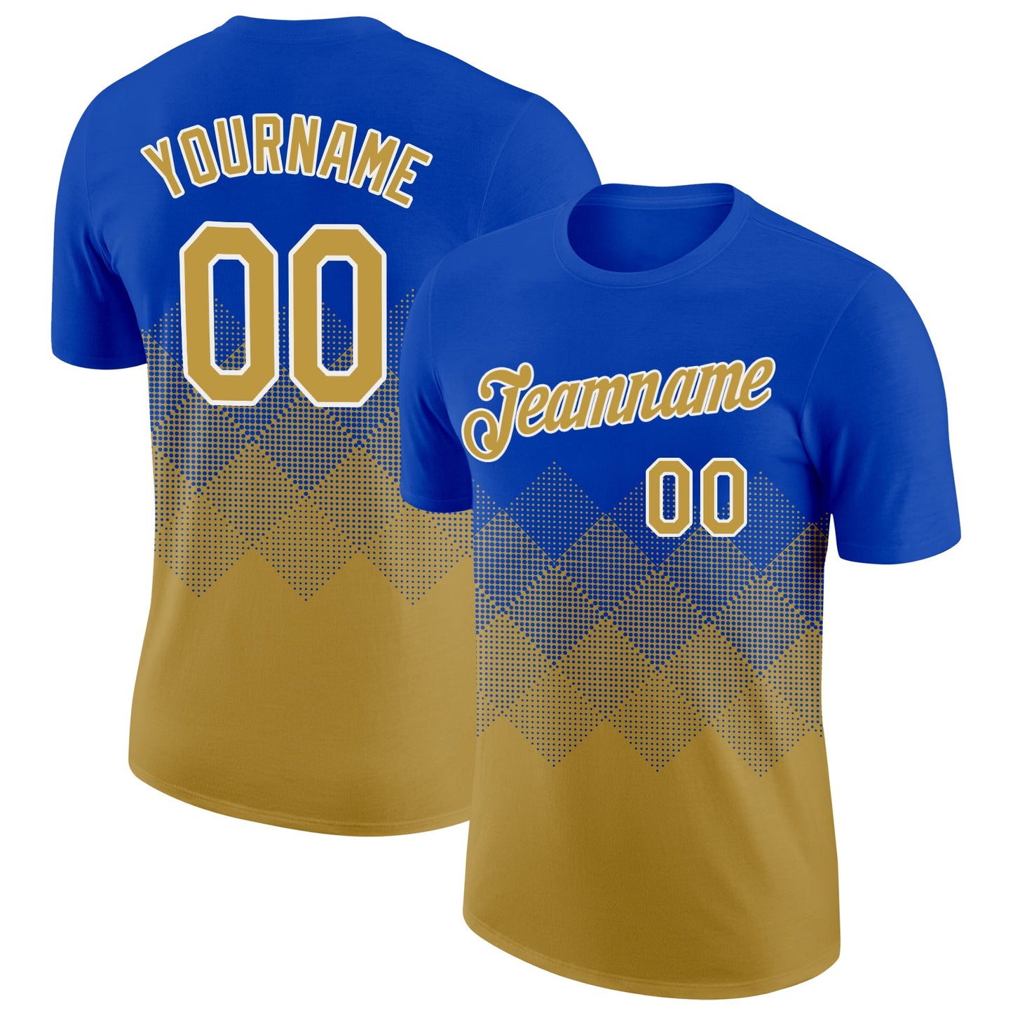 Custom Thunder Blue Old Gold-White 3D Pattern Design Gradient Square Shapes Performance T-Shirt - Main View