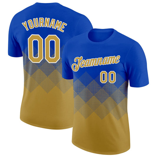 Custom Thunder Blue Old Gold-White 3D Pattern Design Gradient Square Shapes Performance T-Shirt - Main View