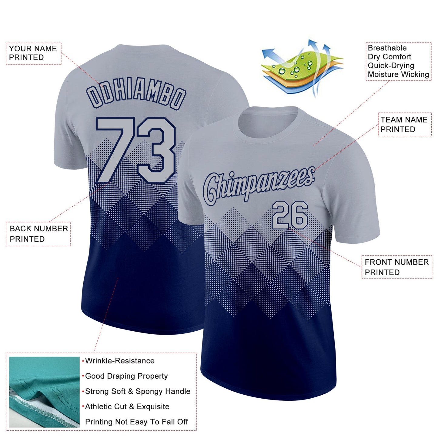 Custom Gray Navy 3D Pattern Design Gradient Square Shapes Performance T-Shirt view 2