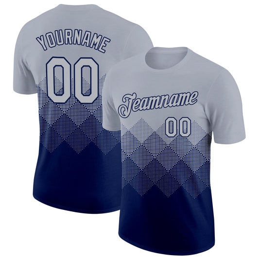 Custom Gray Navy 3D Pattern Design Gradient Square Shapes Performance T-Shirt - Main View