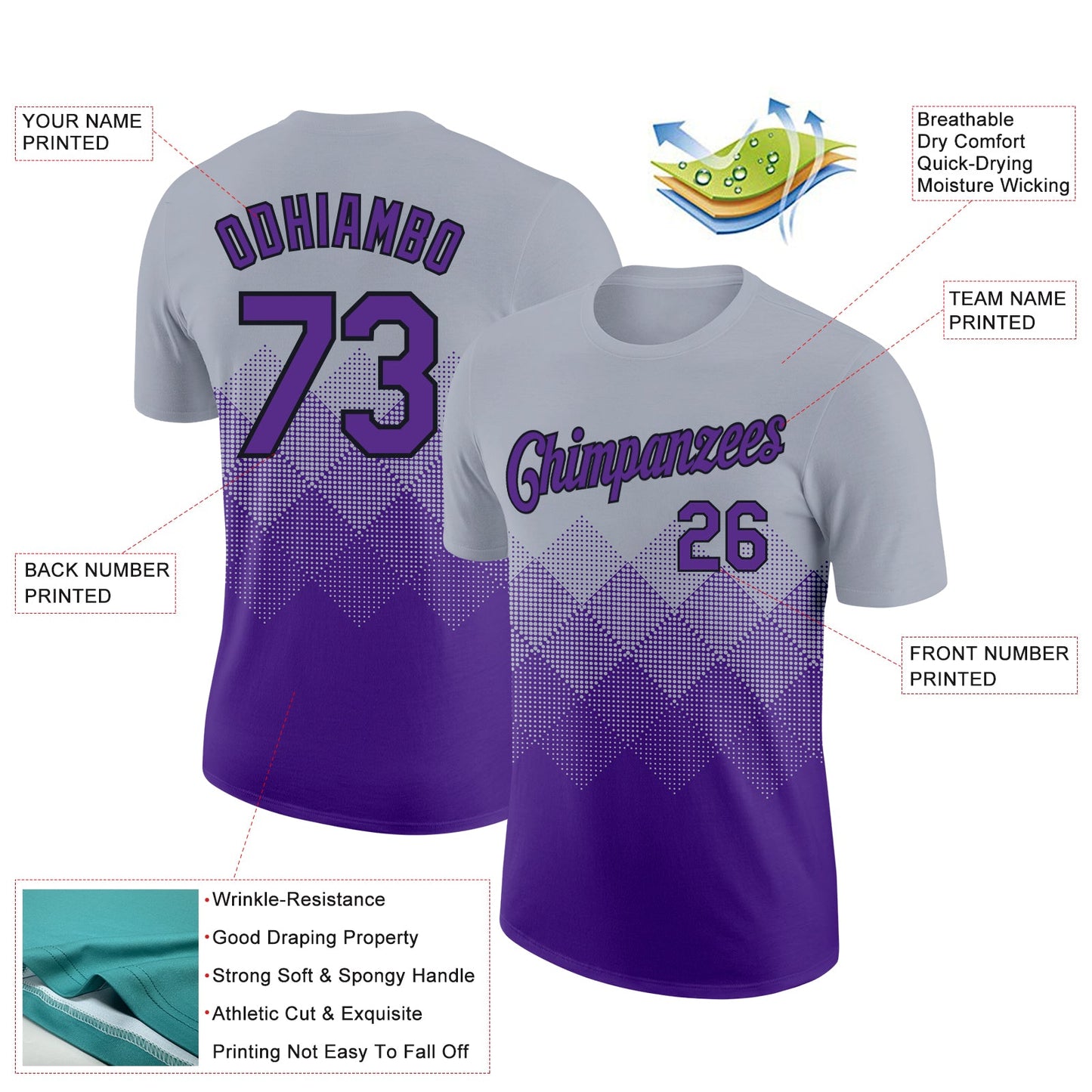 Custom Gray Purple-Black 3D Pattern Design Gradient Square Shapes Performance T-Shirt view 2