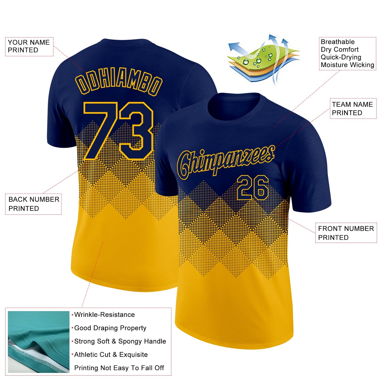 Custom Navy Gold 3D Pattern Design Gradient Square Shapes Performance T-Shirt view 2