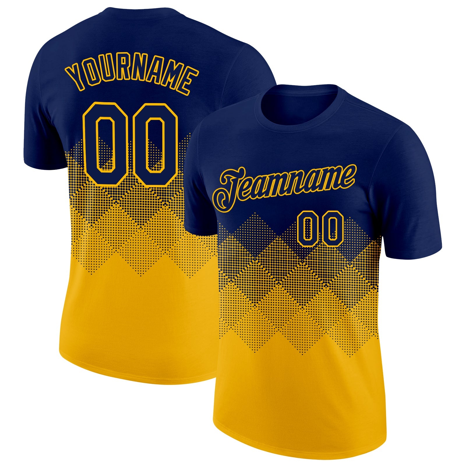 Custom Navy Gold 3D Pattern Design Gradient Square Shapes Performance T-Shirt - Main View