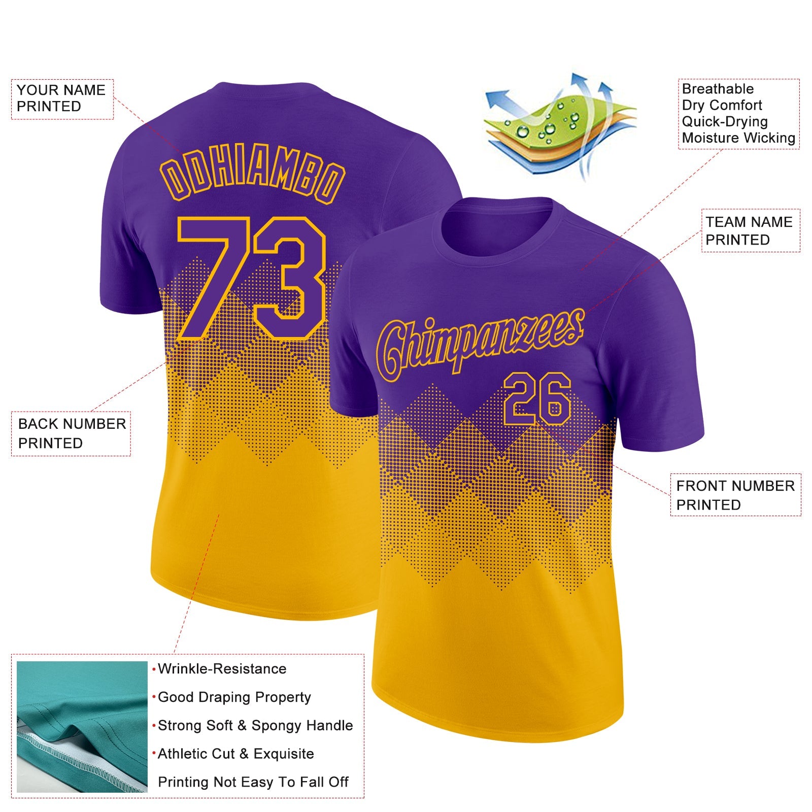 Custom Purple Gold 3D Pattern Design Gradient Square Shapes Performance T-Shirt view 2