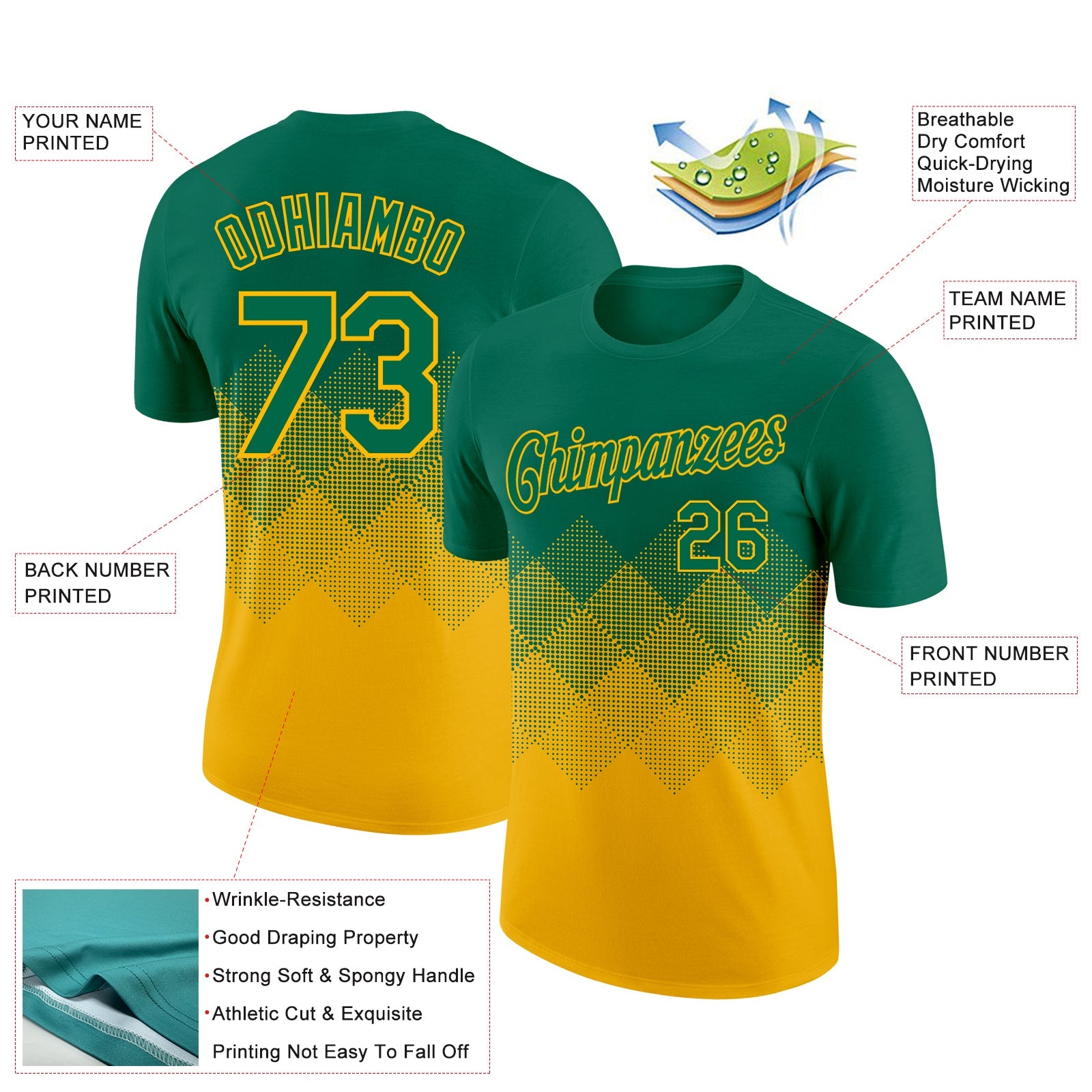 Custom Kelly Green Gold 3D Pattern Design Gradient Square Shapes Performance T-Shirt view 2
