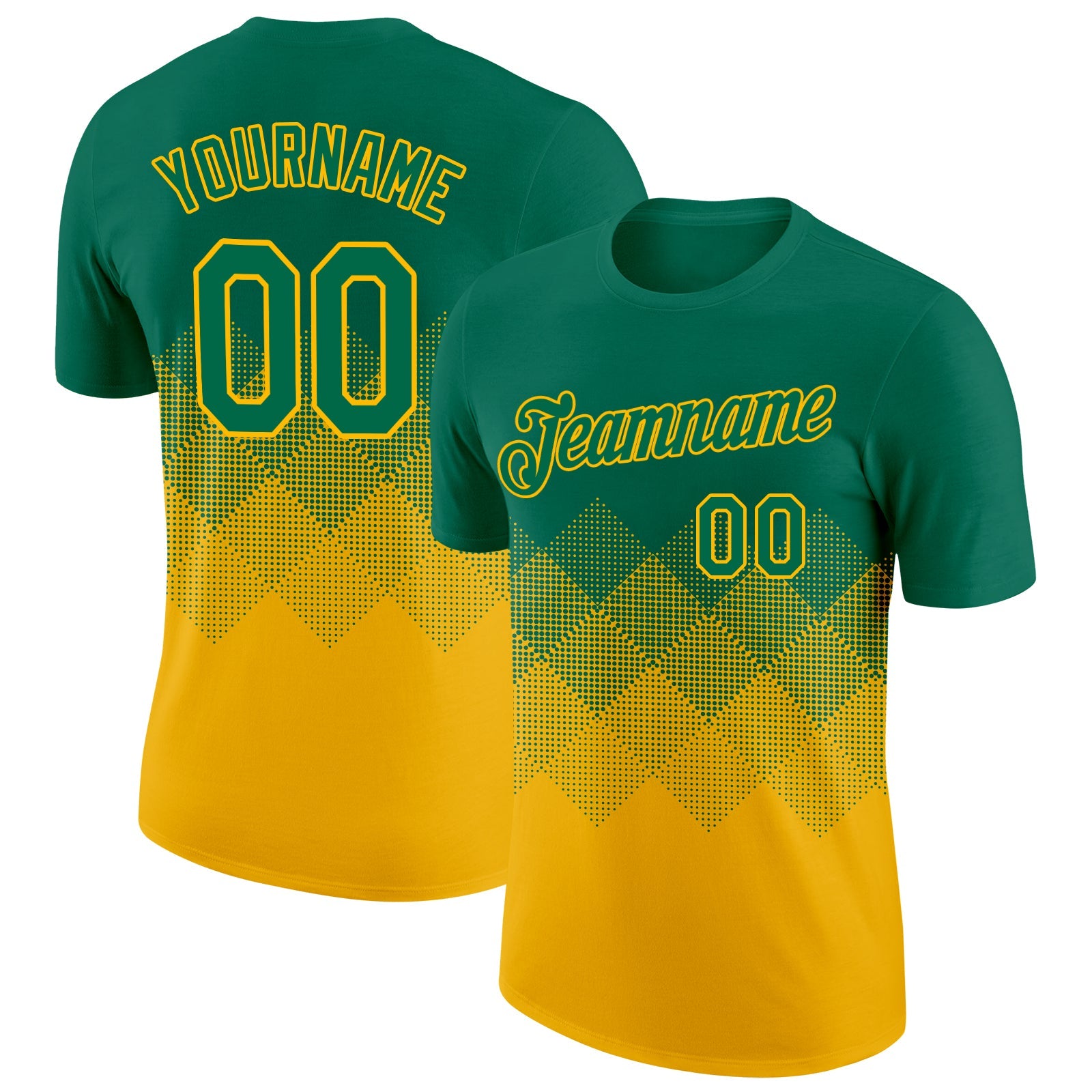 Custom Kelly Green Gold 3D Pattern Design Gradient Square Shapes Performance T-Shirt - Main View