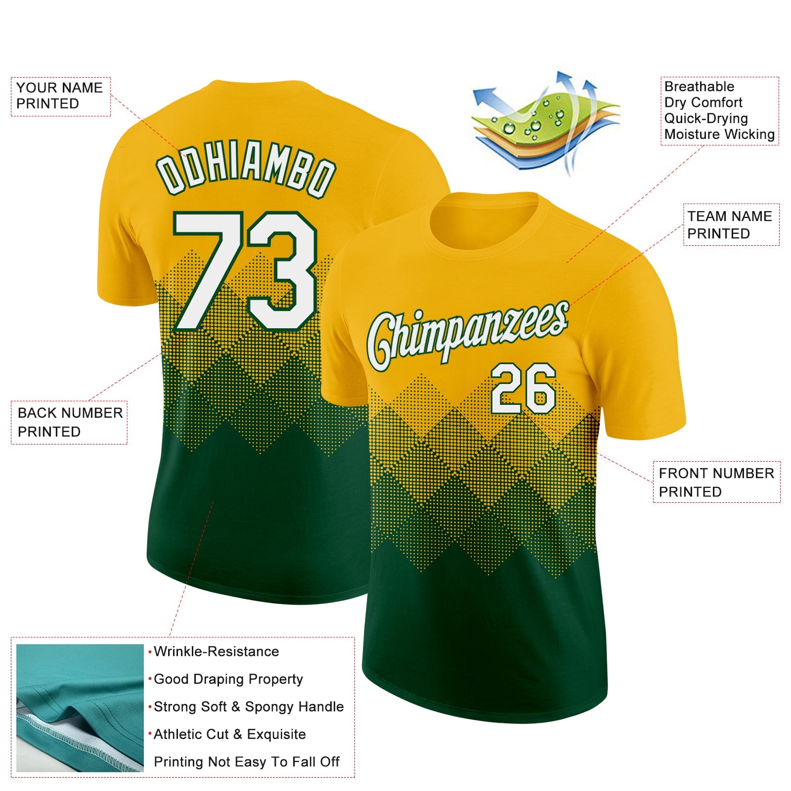 Custom Gold White-Green 3D Pattern Design Gradient Square Shapes Performance T-Shirt view 2