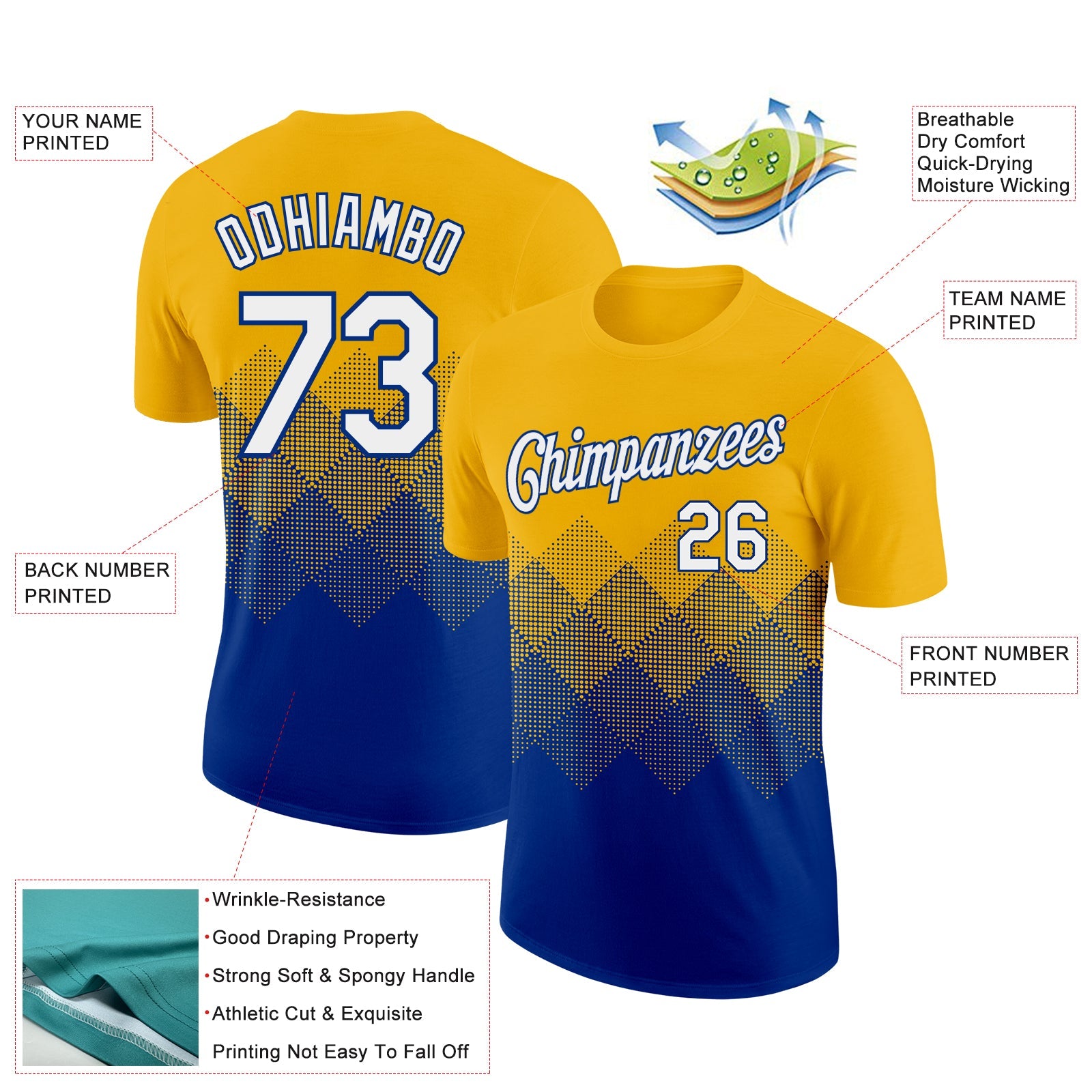 Custom Gold White-Royal 3D Pattern Design Gradient Square Shapes Performance T-Shirt view 2