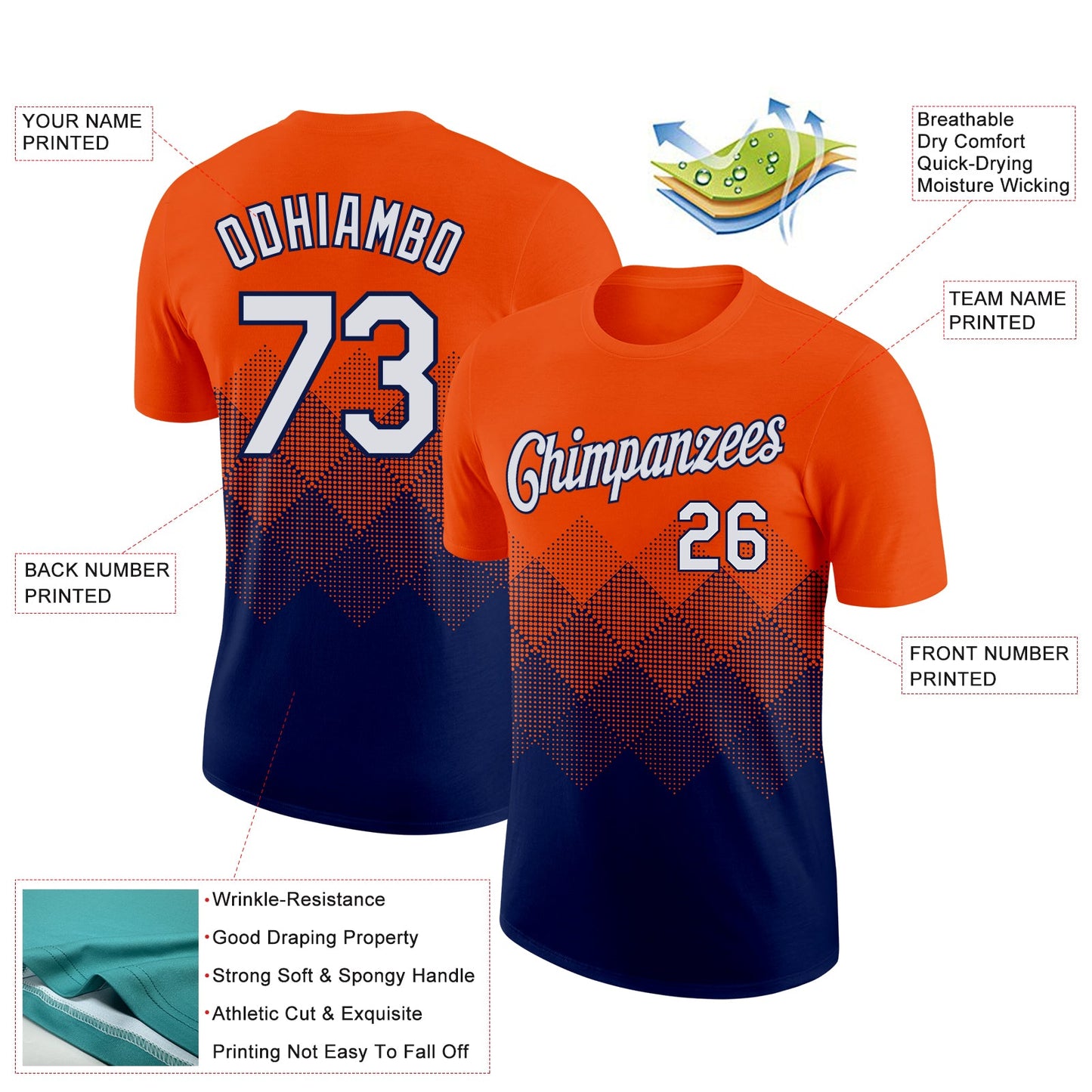 Custom Orange White-Navy 3D Pattern Design Gradient Square Shapes Performance T-Shirt view 2