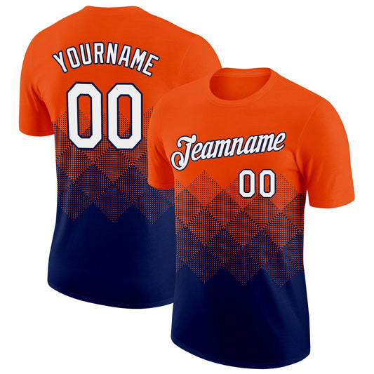 Custom Orange White-Navy 3D Pattern Design Gradient Square Shapes Performance T-Shirt - Main View