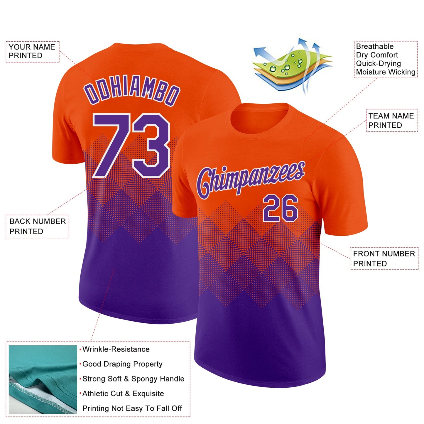 Custom Orange Purple-White 3D Pattern Design Gradient Square Shapes Performance T-Shirt view 2