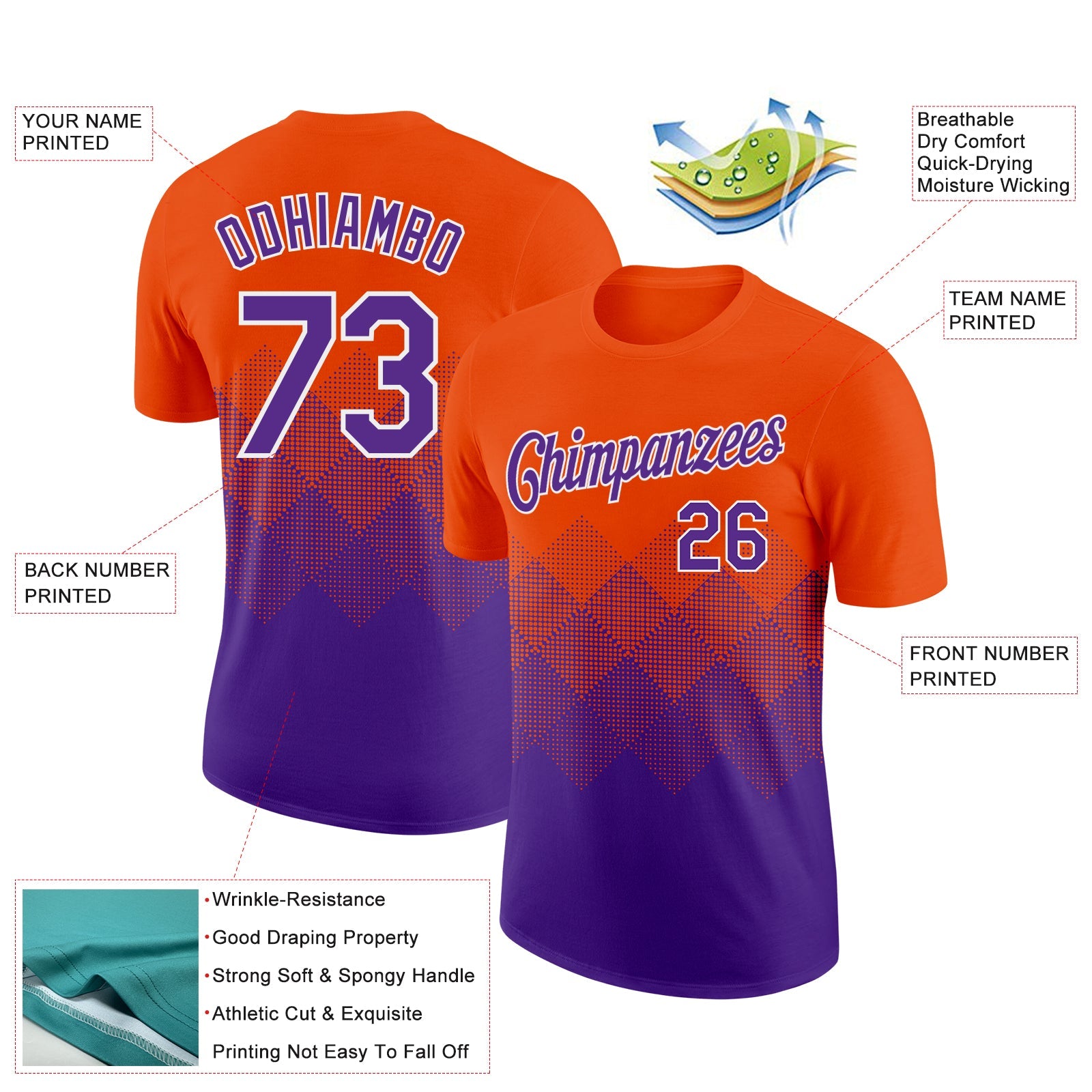 Custom Orange Purple-White 3D Pattern Design Gradient Square Shapes Performance T-Shirt view 2