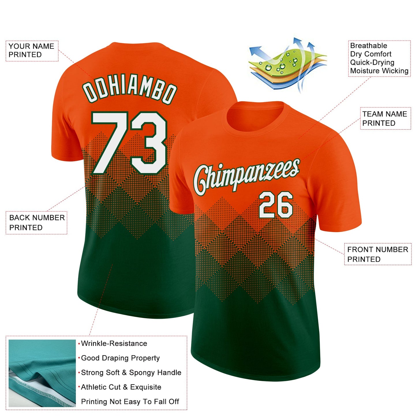Custom Orange White-Green 3D Pattern Design Gradient Square Shapes Performance T-Shirt view 2