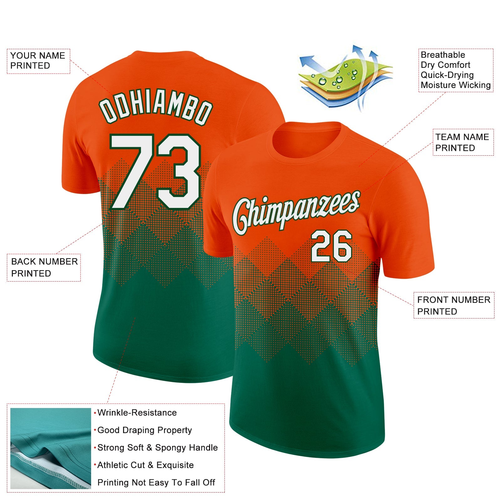 Custom Orange White-Kelly Green 3D Pattern Design Gradient Square Shapes Performance T-Shirt view 2