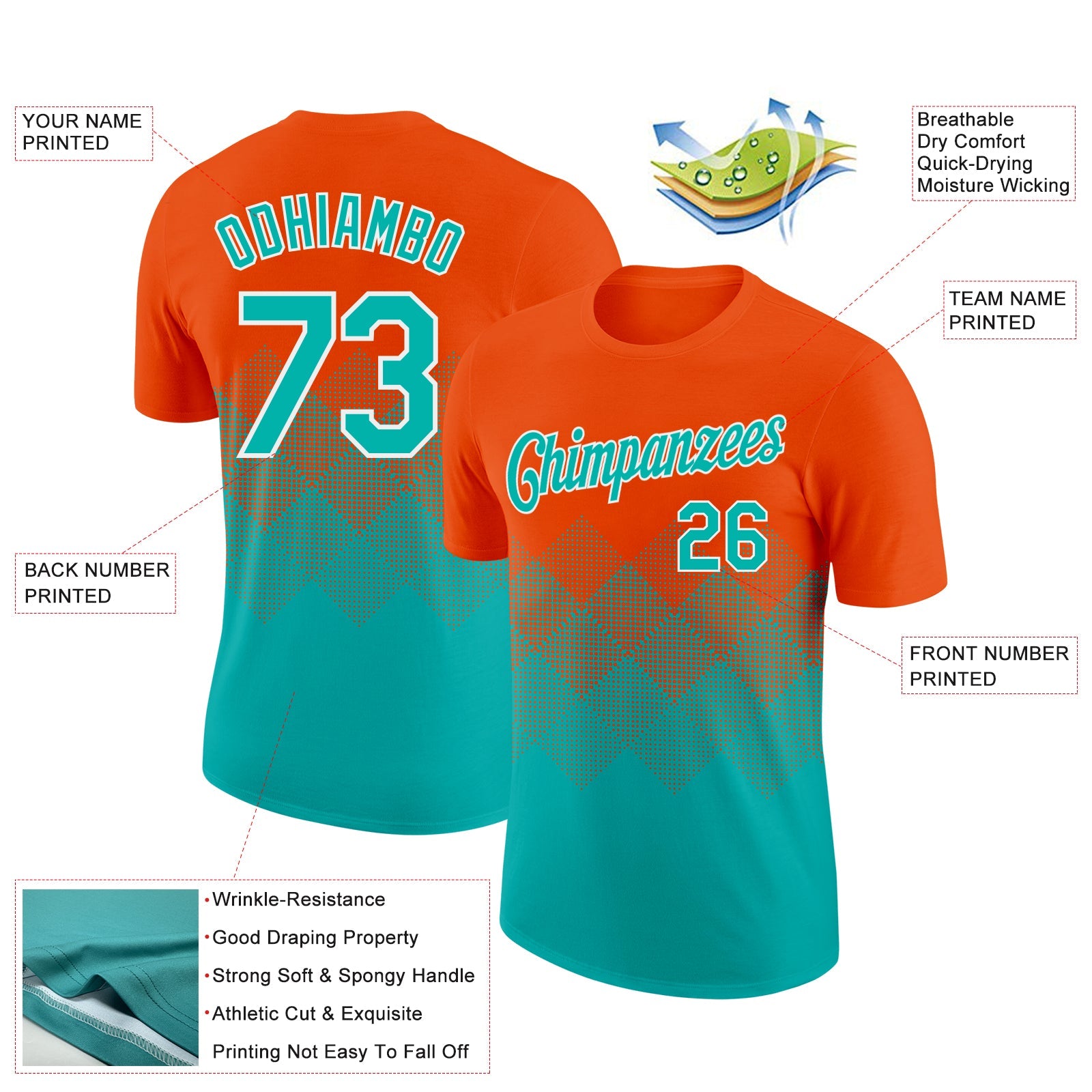 Custom Orange Aqua-White 3D Pattern Design Gradient Square Shapes Performance T-Shirt view 2