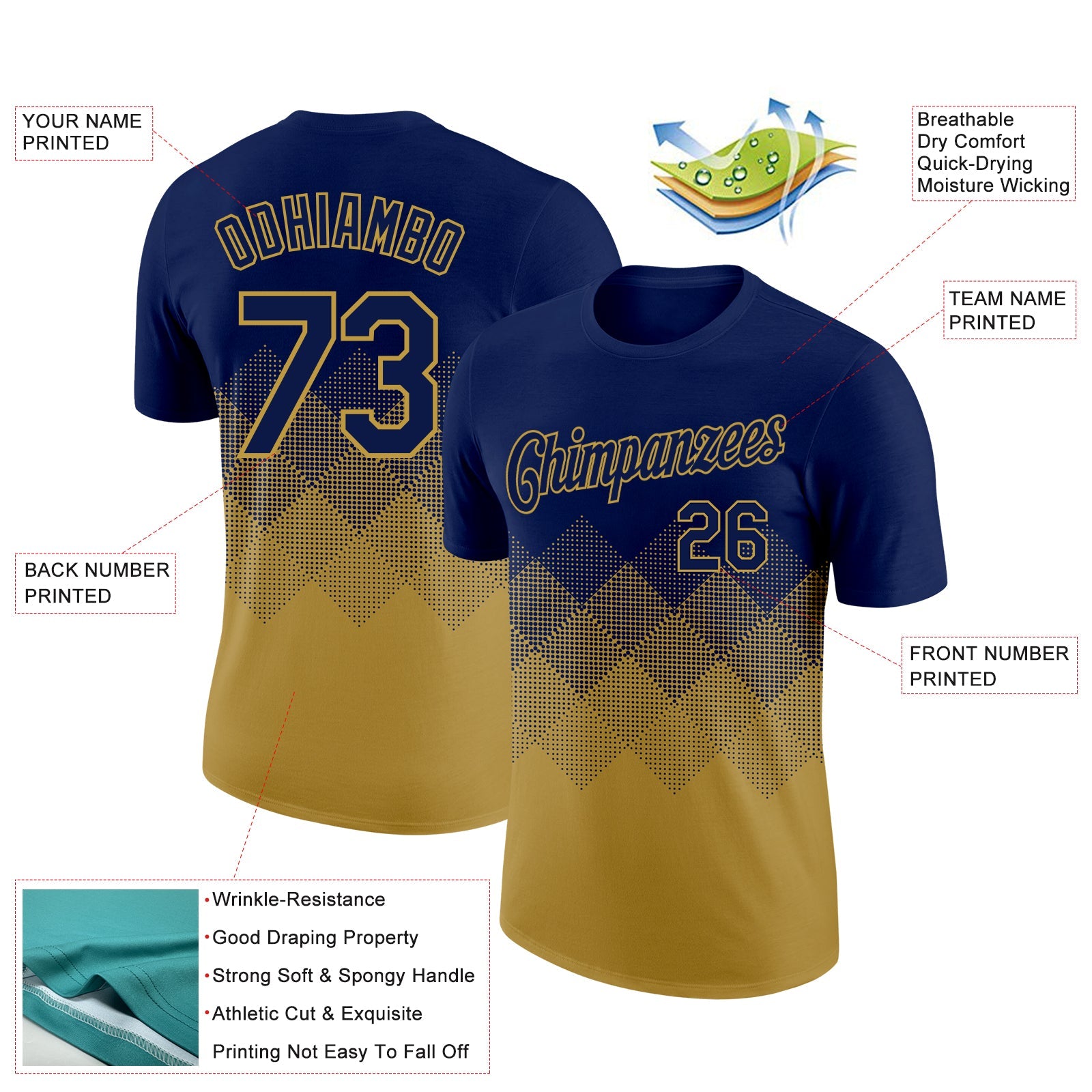 Custom Navy Old Gold 3D Pattern Design Gradient Square Shapes Performance T-Shirt view 2
