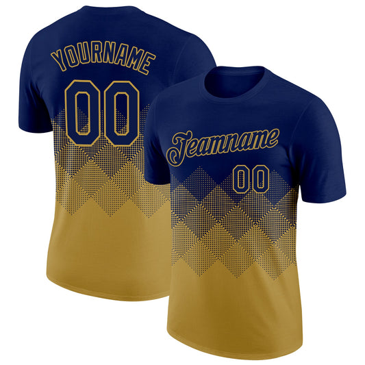 Custom Navy Old Gold 3D Pattern Design Gradient Square Shapes Performance T-Shirt - Main View