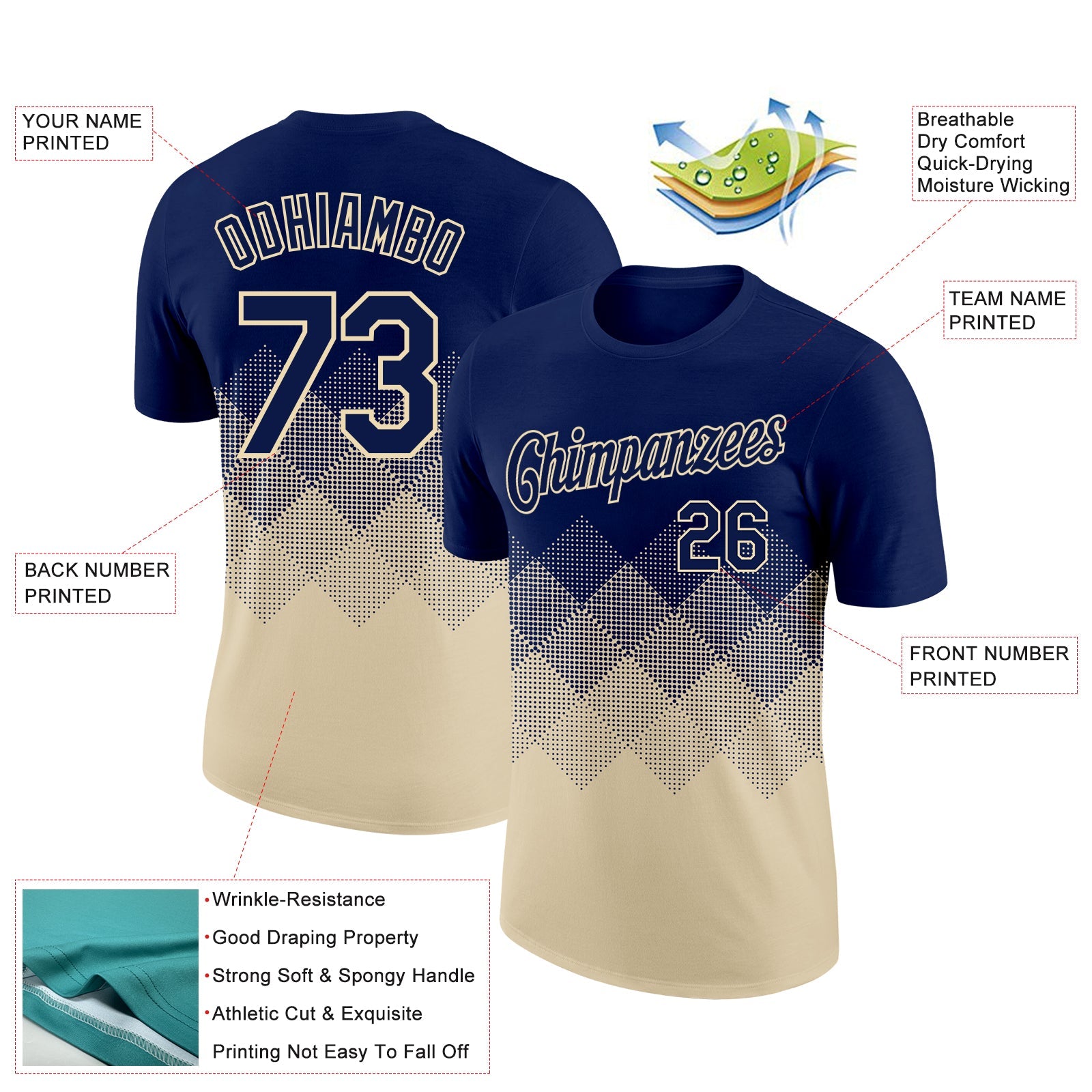 Custom Navy Cream 3D Pattern Design Gradient Square Shapes Performance T-Shirt view 2