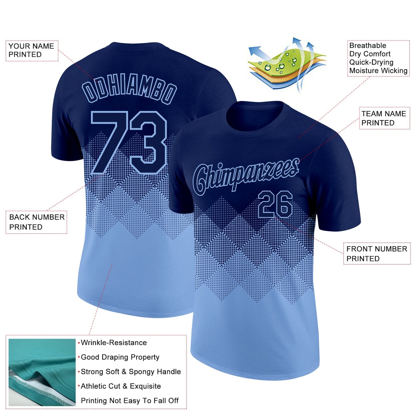 Custom Navy Light Blue 3D Pattern Design Gradient Square Shapes Performance T-Shirt view 2