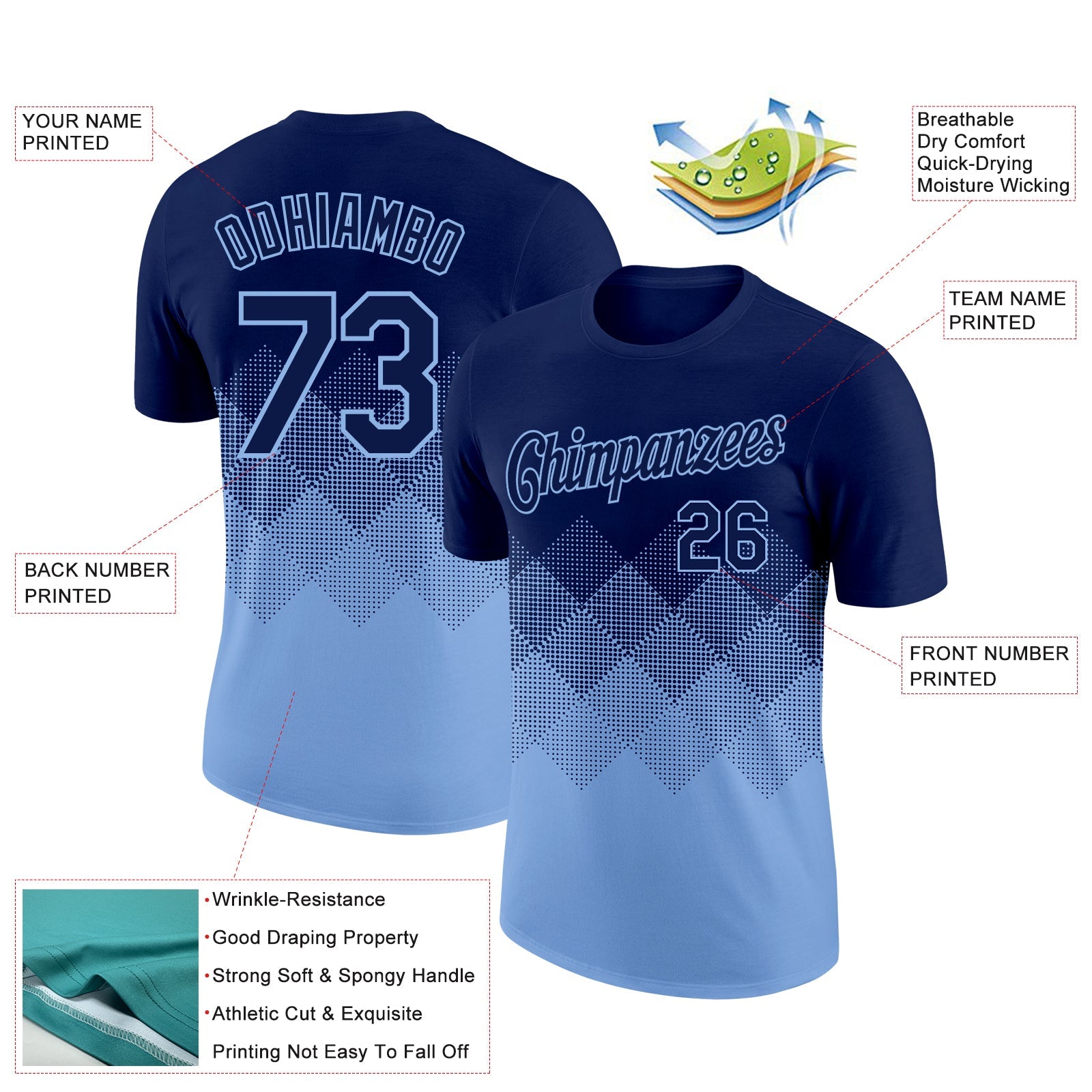 Custom Navy Light Blue 3D Pattern Design Gradient Square Shapes Performance T-Shirt view 2