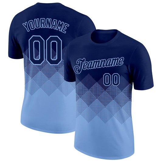 Custom Navy Light Blue 3D Pattern Design Gradient Square Shapes Performance T-Shirt - Main View