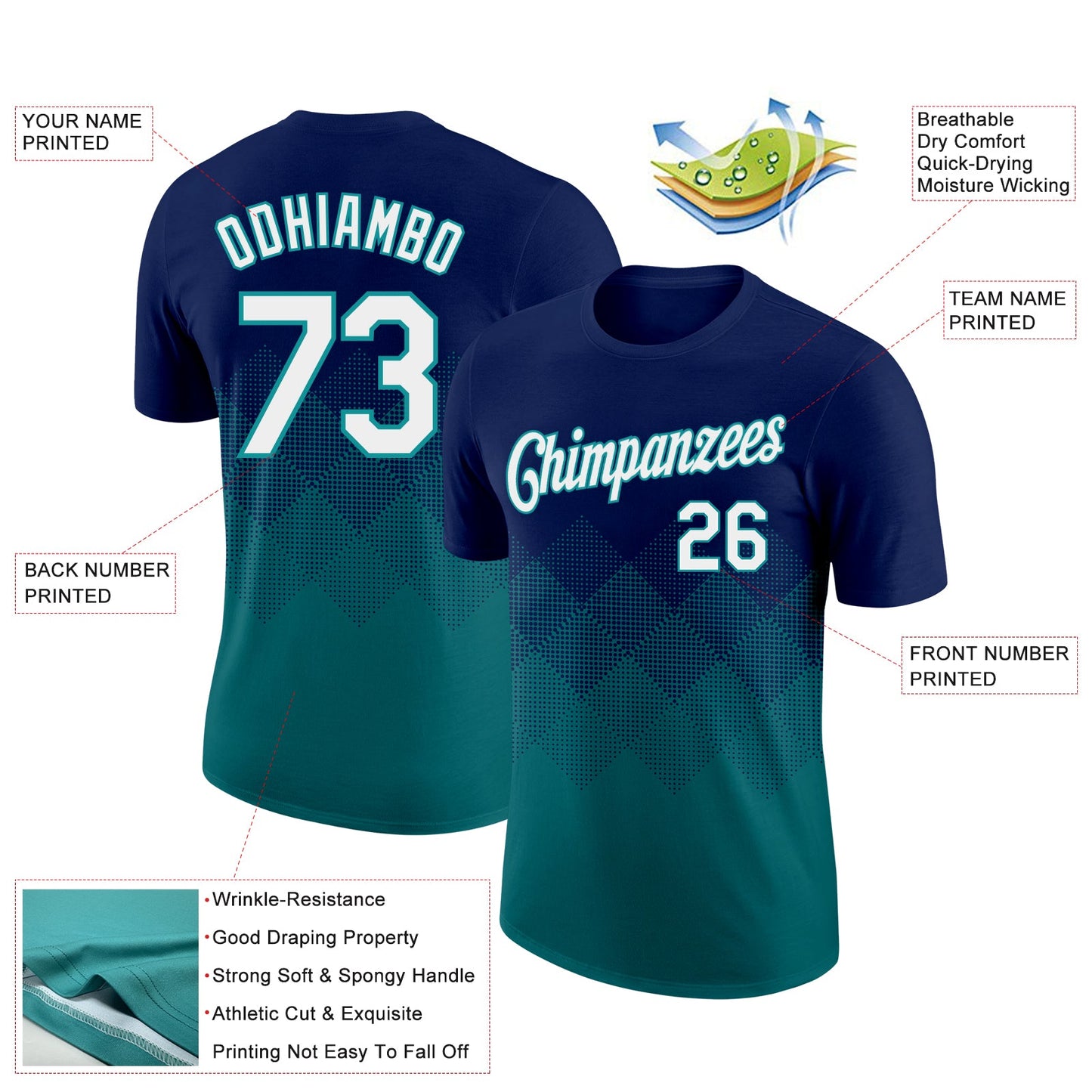 Custom Navy White-Teal 3D Pattern Design Gradient Square Shapes Performance T-Shirt view 2