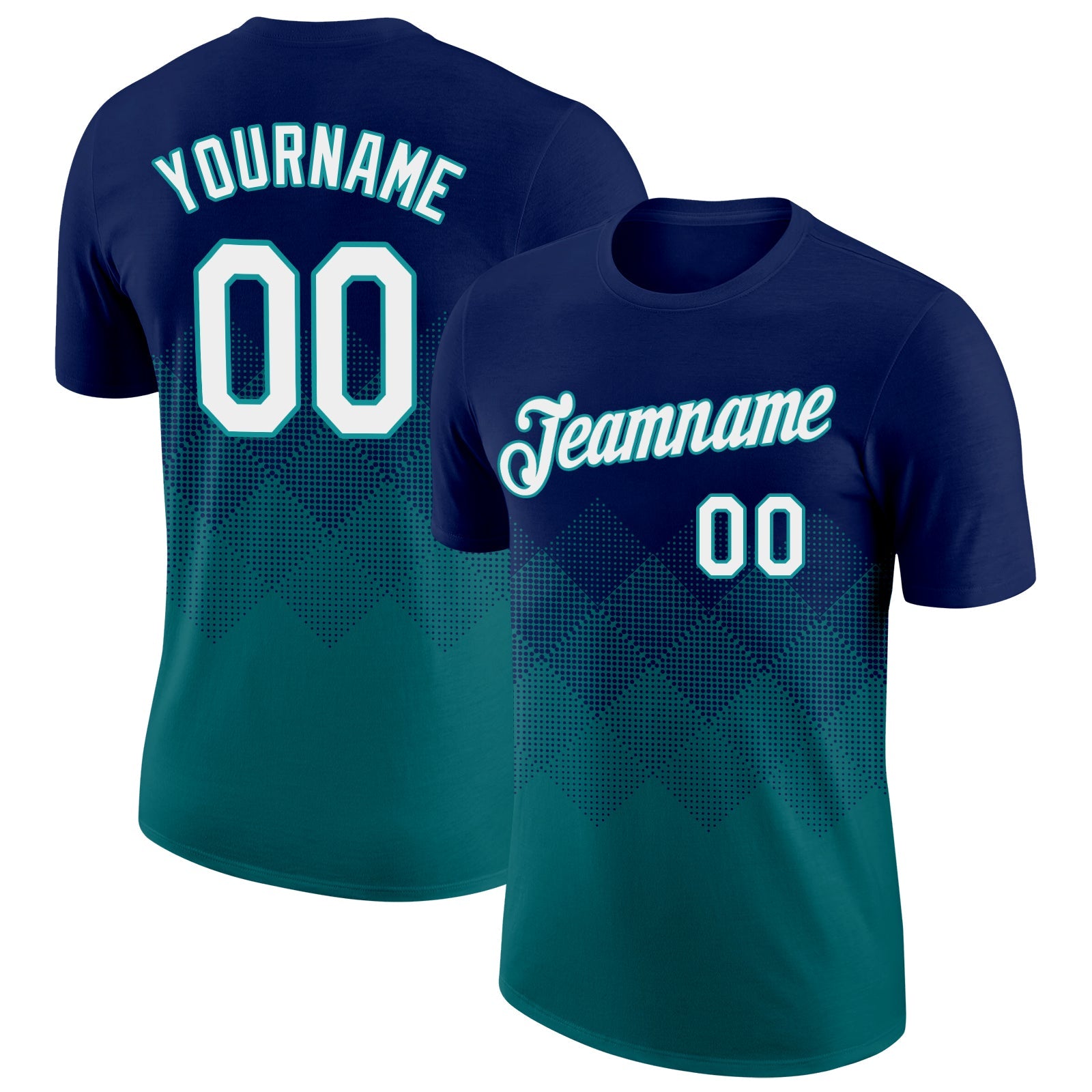Custom Navy White-Teal 3D Pattern Design Gradient Square Shapes Performance T-Shirt - Main View