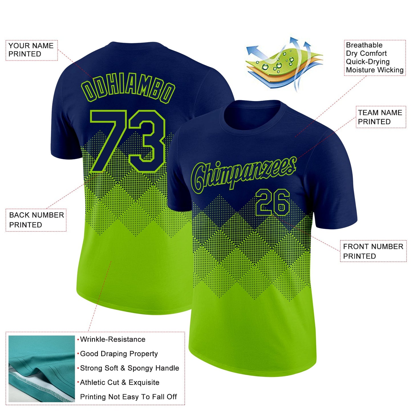 Custom Navy Neon Green 3D Pattern Design Gradient Square Shapes Performance T-Shirt view 2