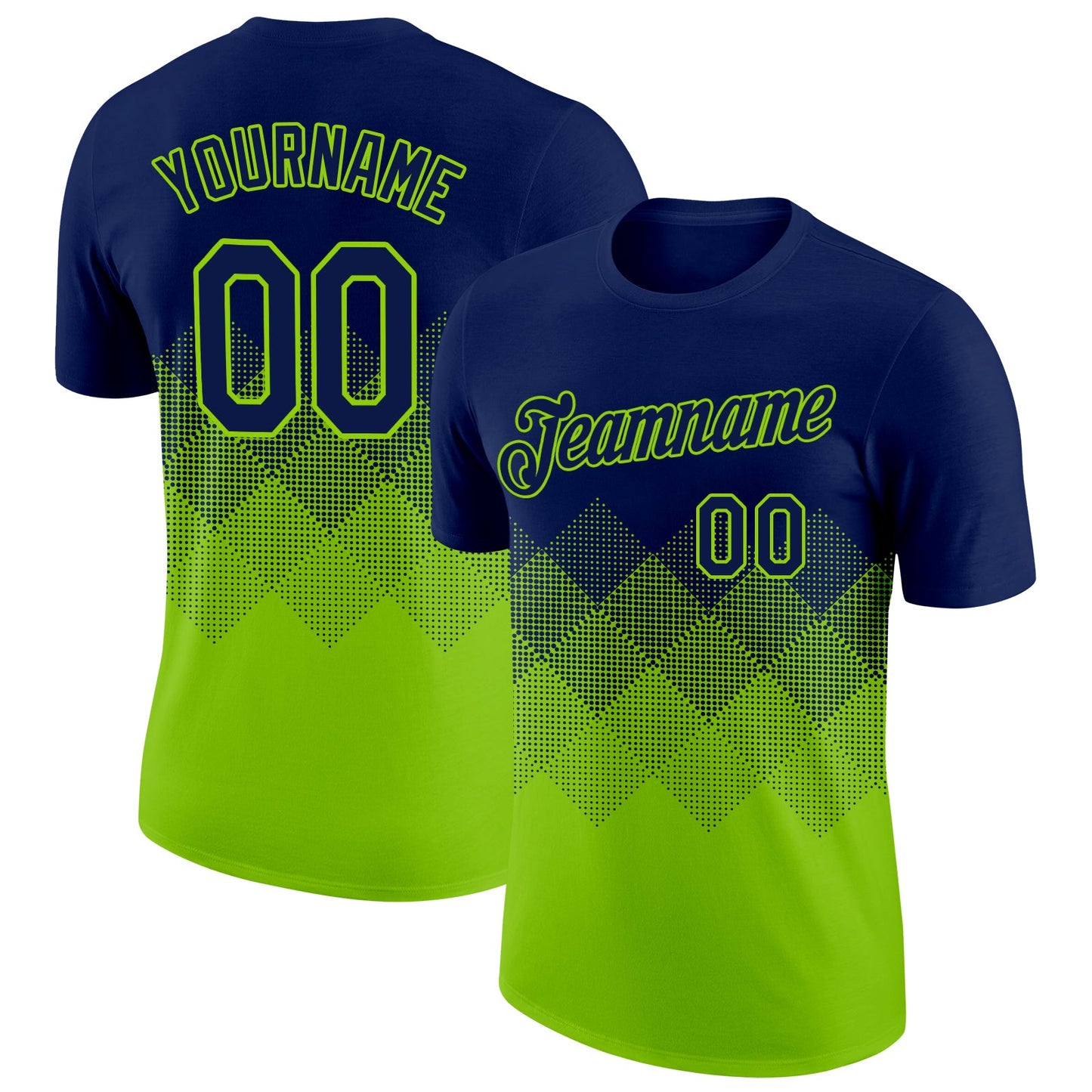 Custom Navy Neon Green 3D Pattern Design Gradient Square Shapes Performance T-Shirt - Main View