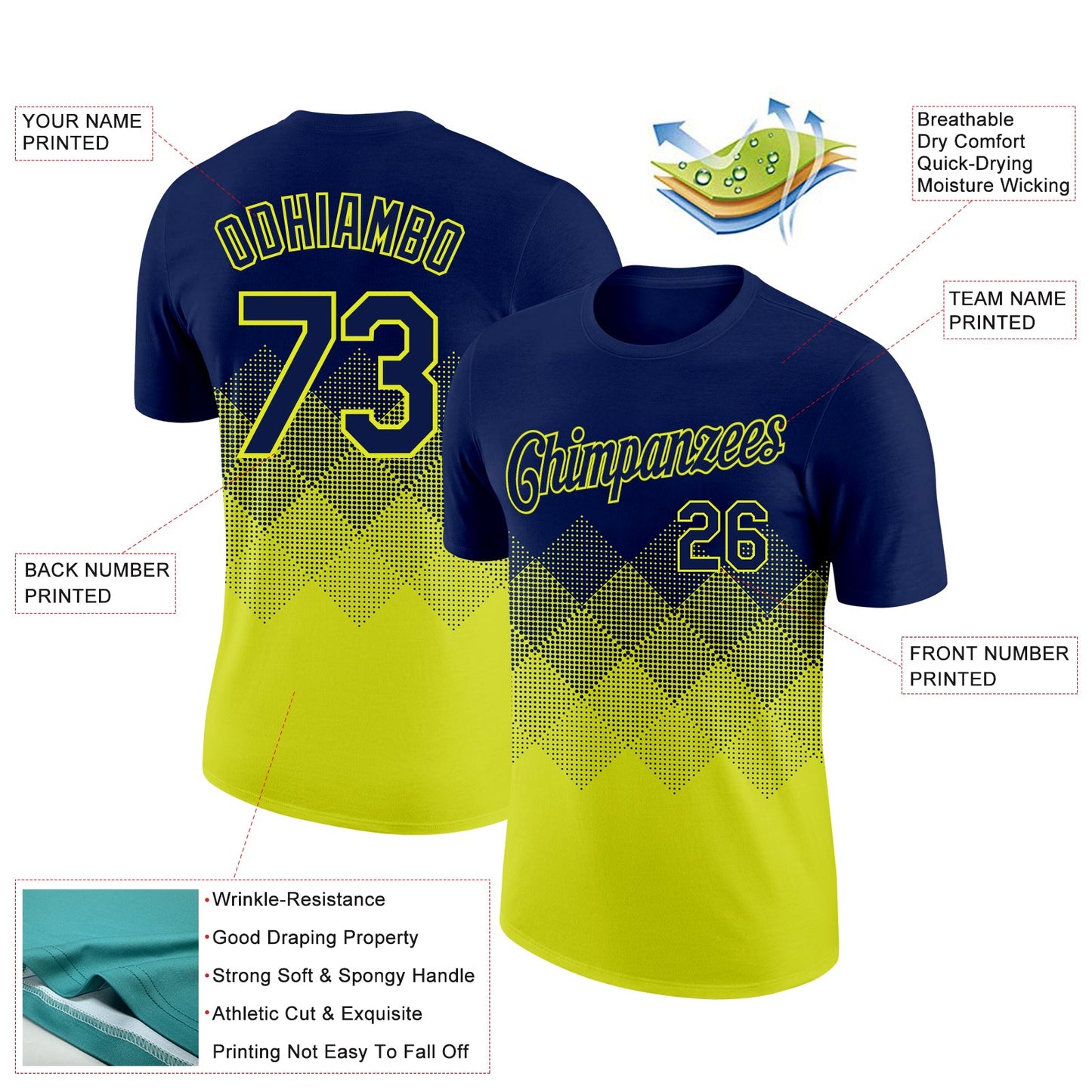 Custom Navy Neon Yellow 3D Pattern Design Gradient Square Shapes Performance T-Shirt view 2
