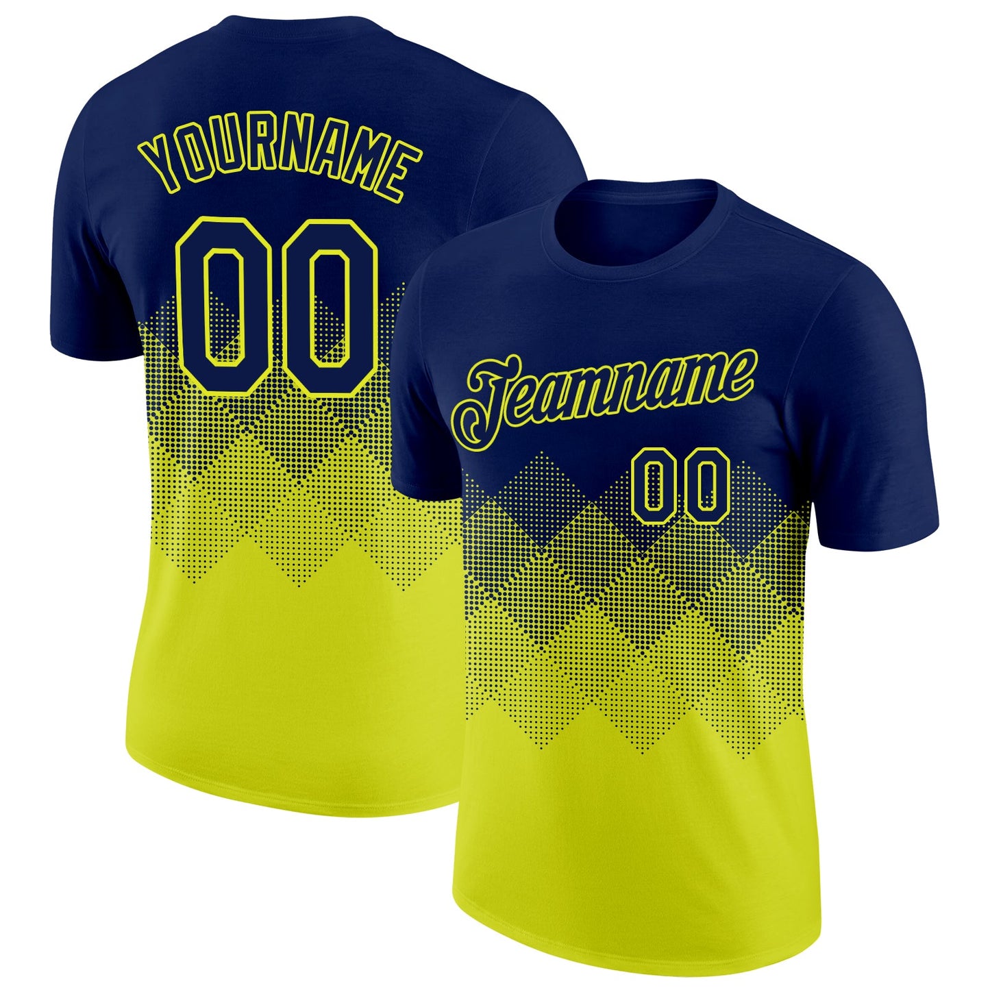 Custom Navy Neon Yellow 3D Pattern Design Gradient Square Shapes Performance T-Shirt - Main View