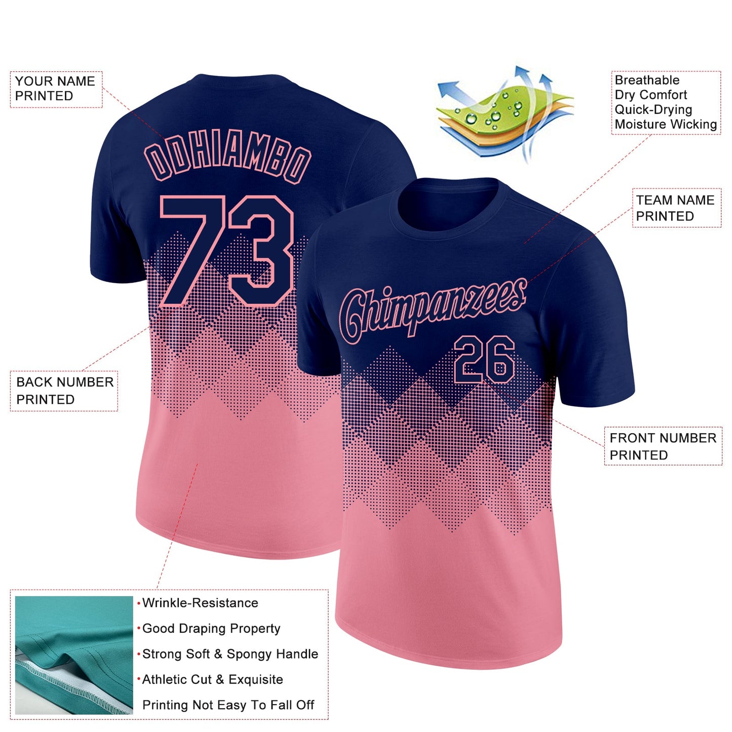 Custom Navy Medium Pink 3D Pattern Design Gradient Square Shapes Performance T-Shirt view 2