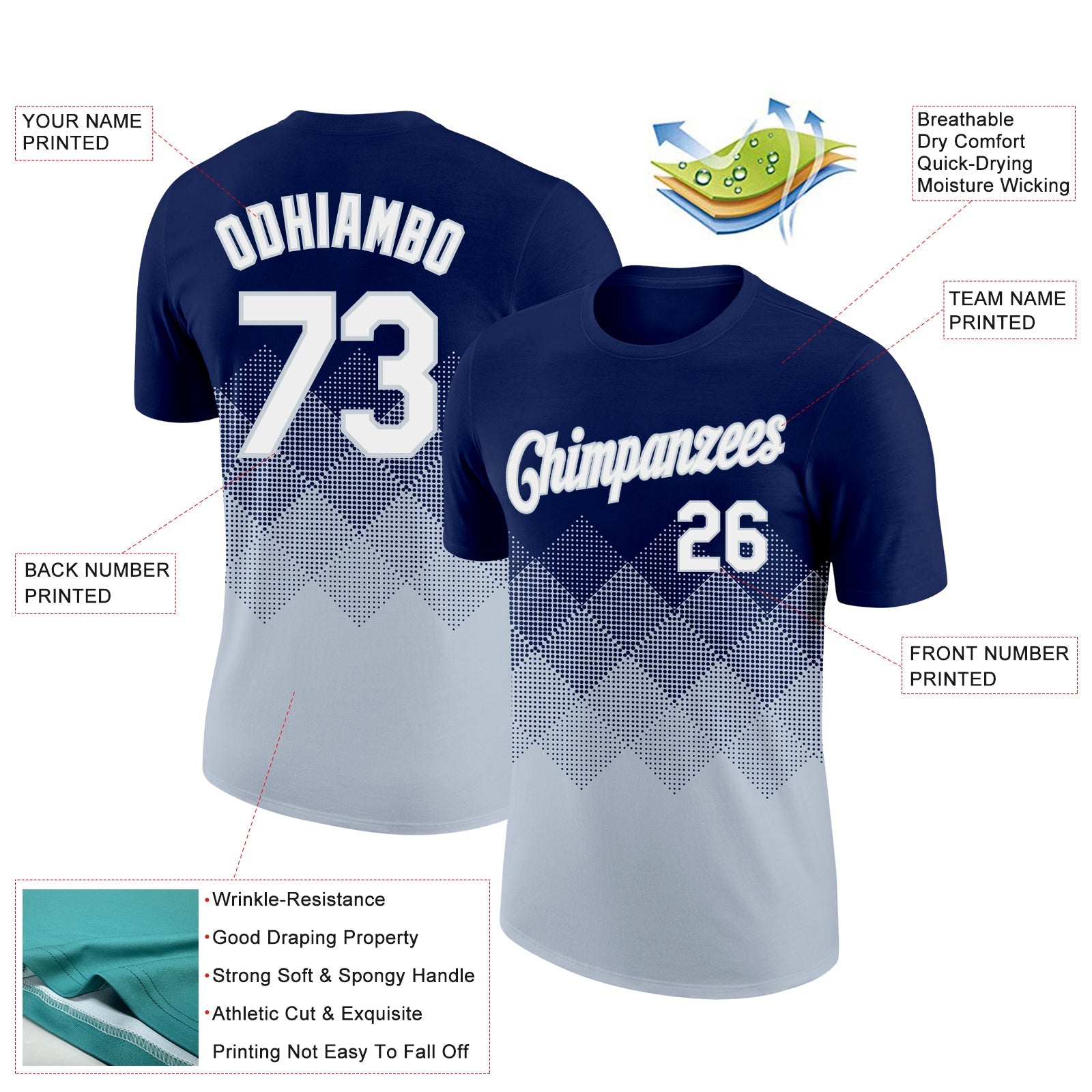Custom Navy White-Silver 3D Pattern Design Gradient Square Shapes Performance T-Shirt view 2