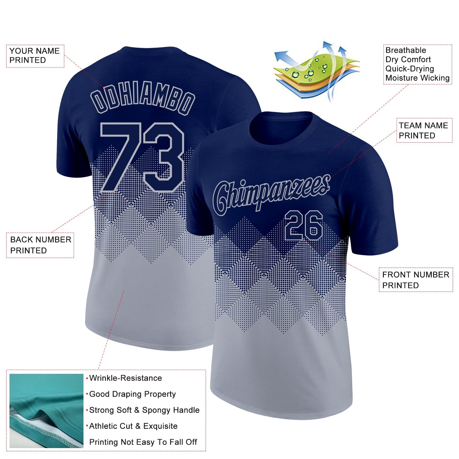 Custom Navy Gray 3D Pattern Design Gradient Square Shapes Performance T-Shirt view 2