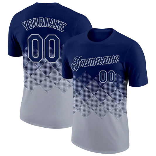 Custom Navy Gray 3D Pattern Design Gradient Square Shapes Performance T-Shirt - Main View