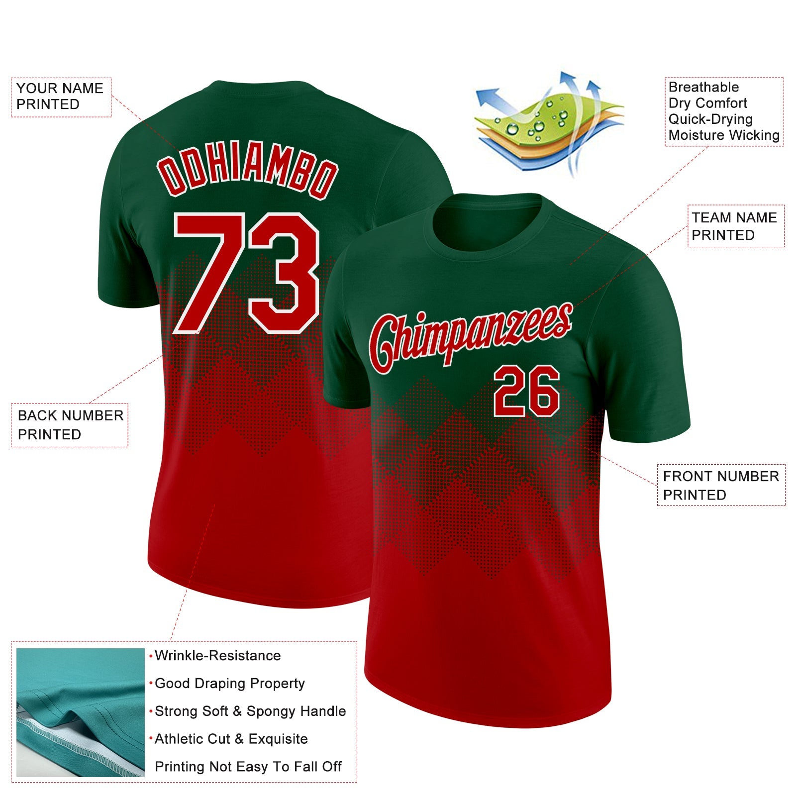 Custom Green Red-White 3D Pattern Design Gradient Square Shapes Performance T-Shirt view 2