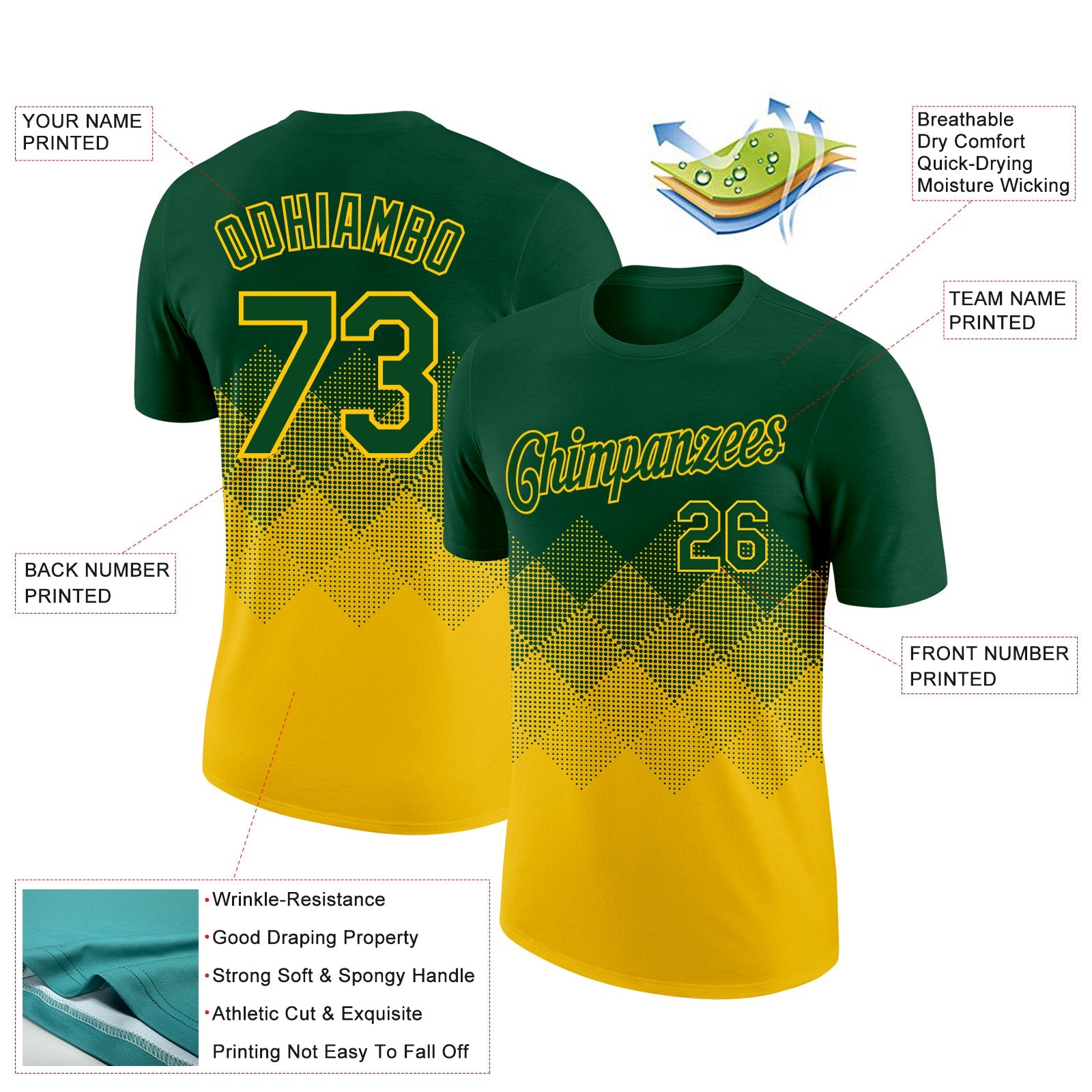 Custom Green Yellow 3D Pattern Design Gradient Square Shapes Performance T-Shirt view 2